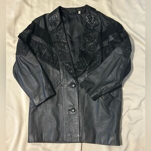 Vintage Preston and York Black Leather Patterned Jacket Coat - M